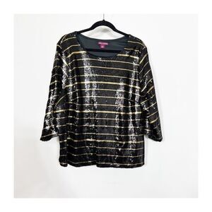 Jessica London Top Blouse 3/4 Sleeve Sequin Black Gold Womens Size 22